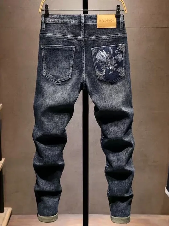 

High-End Embroidered Slim Fit Men's Jeans Spring Autumn Casual Elastic Pants with Diagonal Pockets Comfortable Breathable