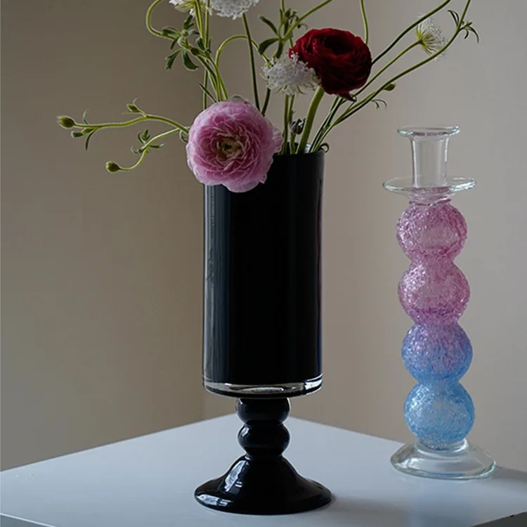 Minimalist French Middle Aged Tall Glass Vase Black Vintage Flower Arrangement Hydroponic Ornament