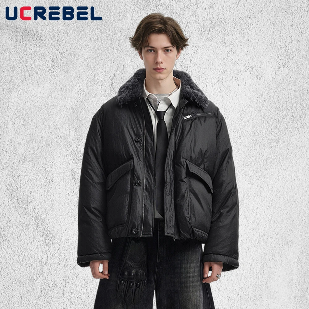 

Multi-Pocket Spliced Down Jacket Mens Retro High Street Winter Warm Thick Long Sleeve Fur Collar Padded Jacket Man