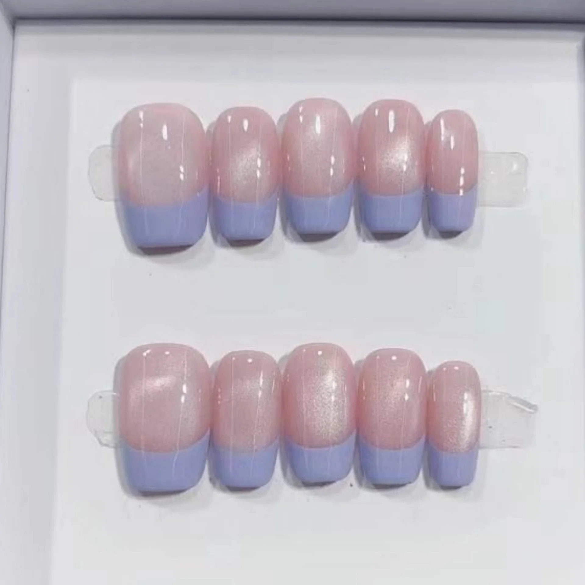 10pcs Wearable Fake Nails Tips Purple French Short Ballet Handmade False Nail Sets Simple Cat's Eye Press on Nails Art Manicure