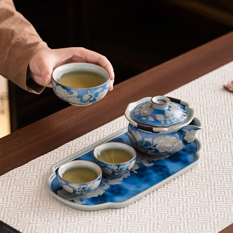 Antique Ru Kiln Yuan Blue and White Teapot Teacup Tea Set with Bag Outdoor Camping Hand-held Pot Tea Maker Portable Gift Set