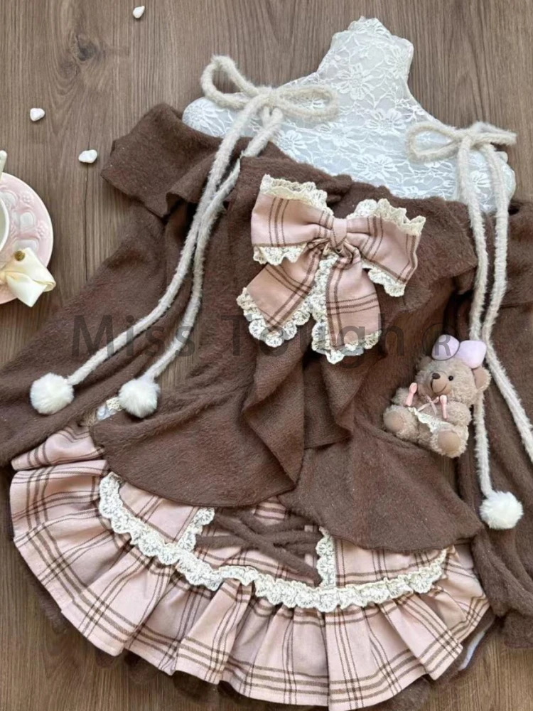 Kış Japon Moda Tatlı 2 Parça Setleri Kadın Retro Kahverengi Üstleri + Kabarık Kek Etek Tek Kapalı Omuz Kawaii Ince Vintage Takım Elbise