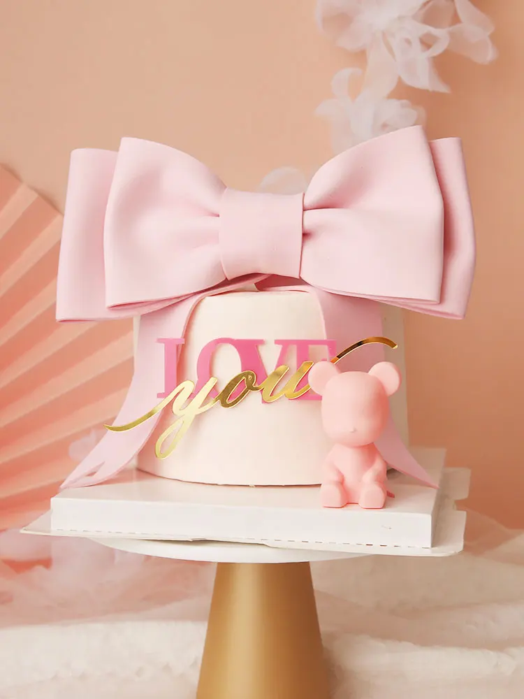 

Acrylic Pink Wings Heart Bear Card Girls Princess Birthday Cake Topper Decoration Big Bow Wedding Party Dessert Baking Suppleis