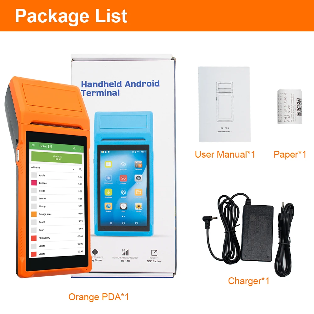 Handheld PDA Android 11 Terminal POS 58 mm Mobile Receipt Bill Thermal Printer 5.5''HD+ Support Wi Fi 1 D/2 D Scanning POS