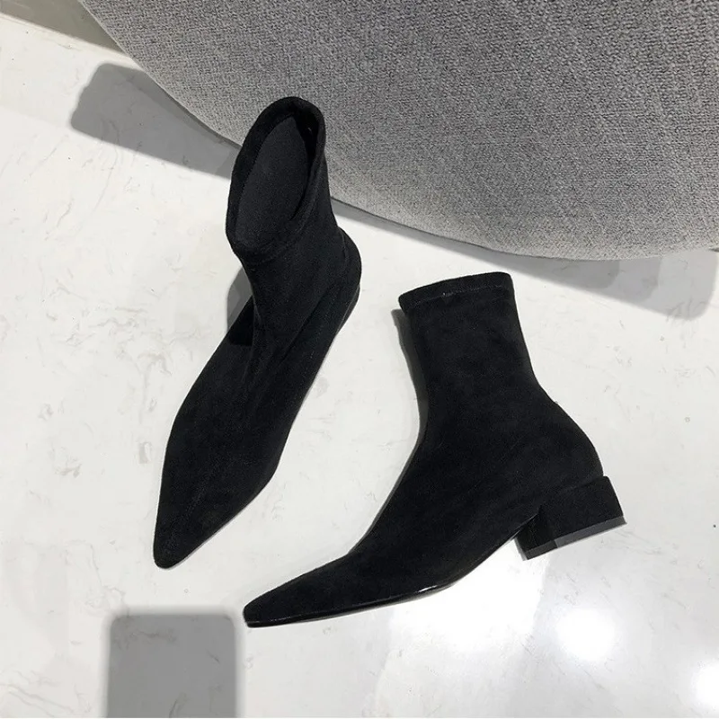 

Women's Velvet Ankle Boots Winter Comfortable Fce Lined Pointed Toe Slim Fit ort Boots Mid-Calf Rubber Sole Chelsea Boots