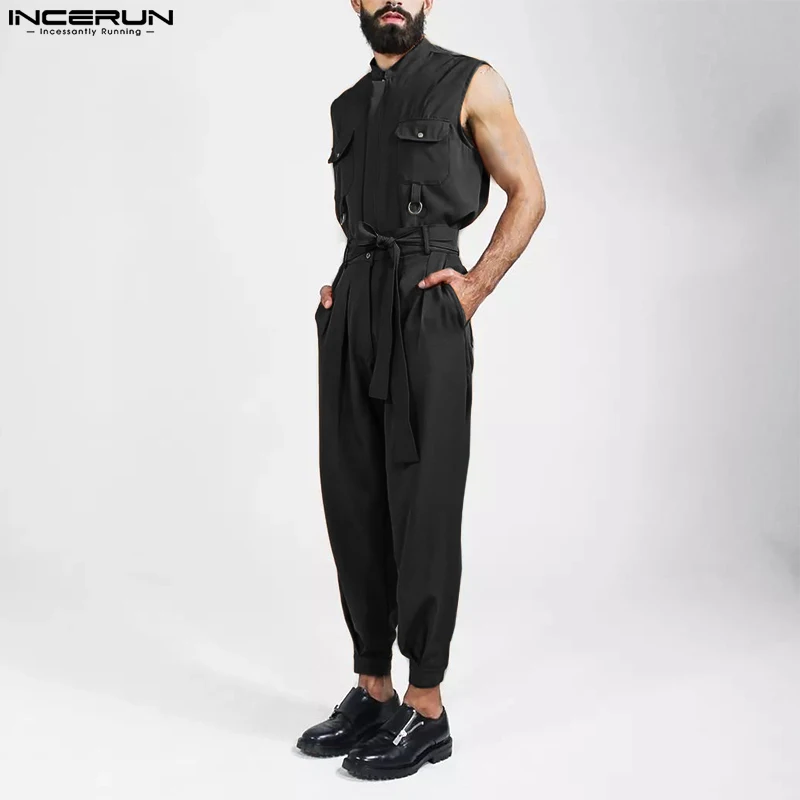 INCERUN Men Jumpsuits Solid Lapel Sleeveless Multi Pockets Fashion Rompers With Belt 2023 Streetwear Casual Cargo Overalls Men