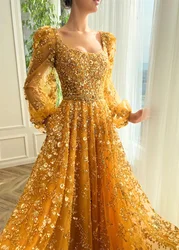 Gold Moroccan Evening Dresses A-line Long Sleeves Sequins Pearls Long Turkey Dubai Saudi Arabia Prom Dresses Gown Customized