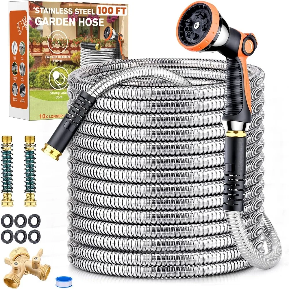 

Metal Garden Hose 100ft,304 Stainless Steel Water Hoses With 2 Hose Extension Adapter, 2-Ways Hoses Splitter and 10-Funct