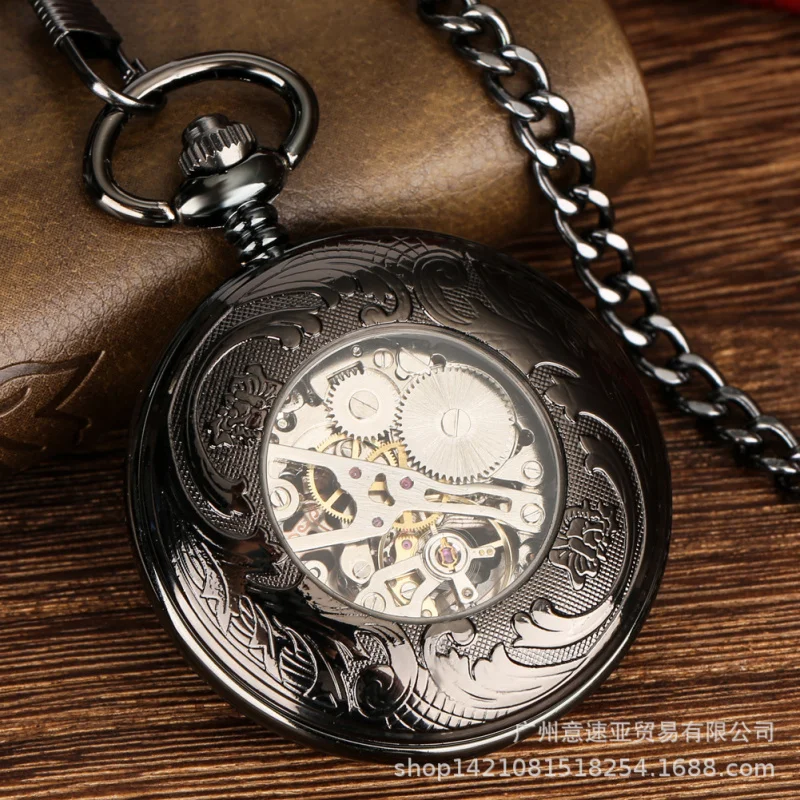 New Products in Stock Hot Sale Hollow Gear Blue Roman Face Manual Manipulator Large Pocket Watch Male and Female Student Pocket