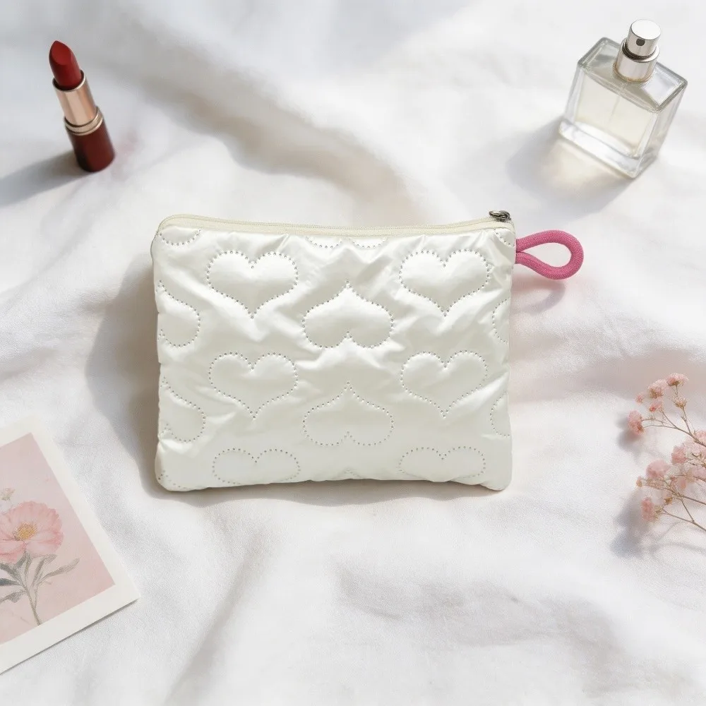 Kawaii Multi-function Cosmetic Pouch Embossed Heart Satin Material Quilted Makeup Bag Bow Decoration Lipstick Storage Bag Girls