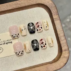 Handmade Press on Nails Short Cow Milk Print Fake Nails with Flower Printed for Women Girl Wearable Short French False Nails