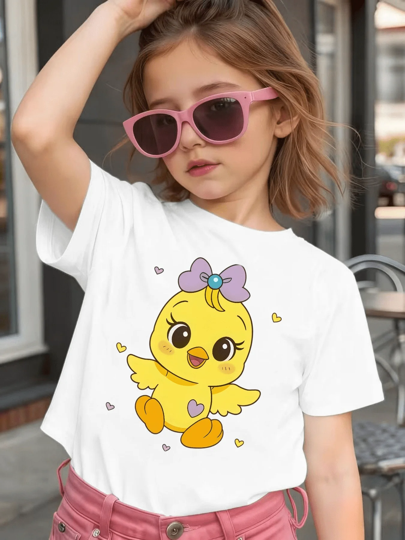 Family Tee Cute Bow Yellow Duck Heart Cartoon Print Boys Girls Soft Short Sleeve Parent Child Sweet Casual Matching Outfit Tops