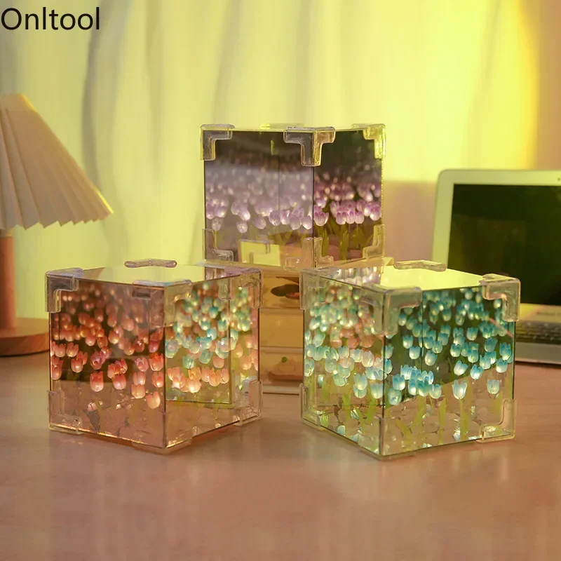 DIY Flower Sea 3D Cloud Tulip LED Night Light Mirror Table Lamps Bedroom Ornaments Decoration Mirror Table Lamps Bedside Gift