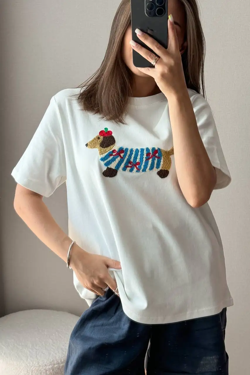 Summer Cute Dog Embroidered Round Neck Loose Cotton Short Sleeve T-Shirt Top For Women