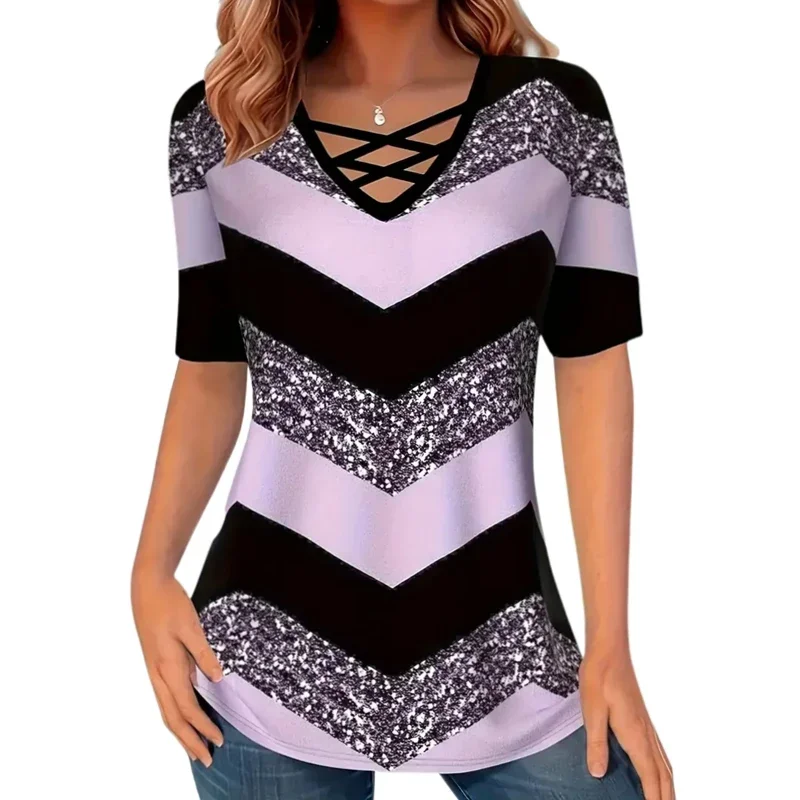 Women\'s Fashion Plus Size 1XL-5XL Color Block T-Shirt Casual Criss Cross Front Short Sleeve Top Women\'s Plus Size Clothing