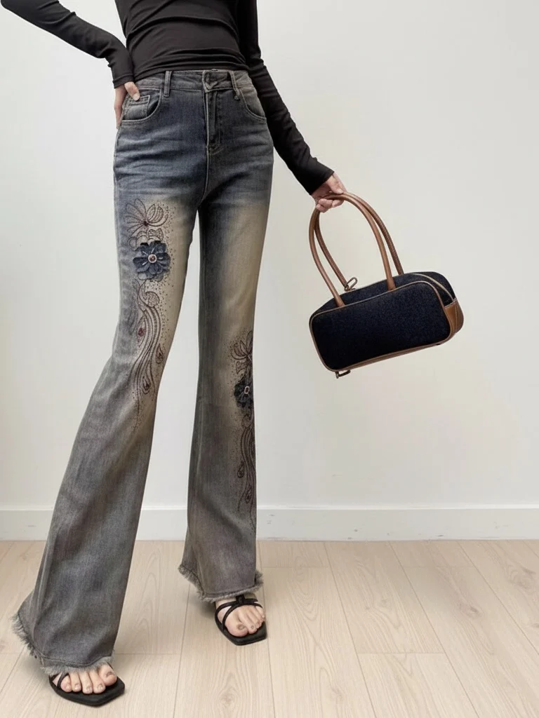 

Ele Embroidered Floral High Waist Slim Fit Jeans Spring Faion Street Sle Versatile Micro Flared Pants for Women