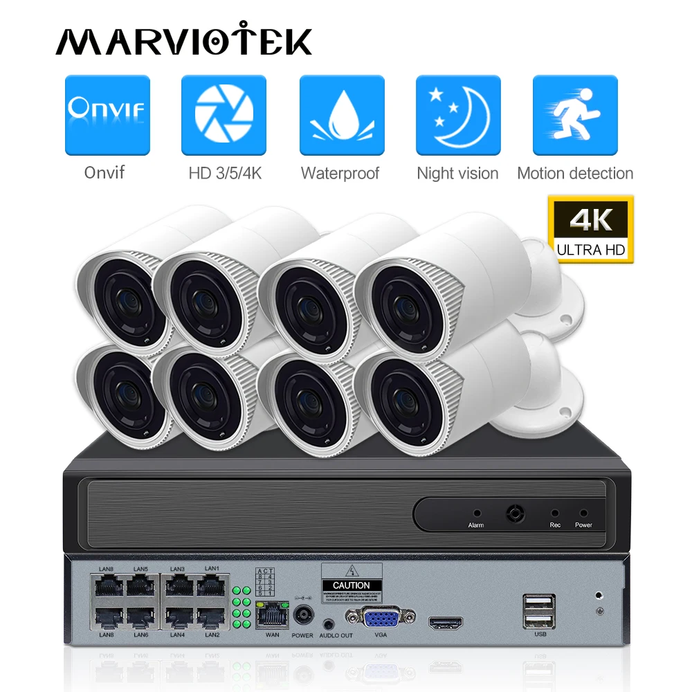 4K Ultra HD Surveillance Camera System 8MP H.265 POE NVR Kit 5MP CCTV Video Recording Outdoor Weatherproof Security Camera3MP