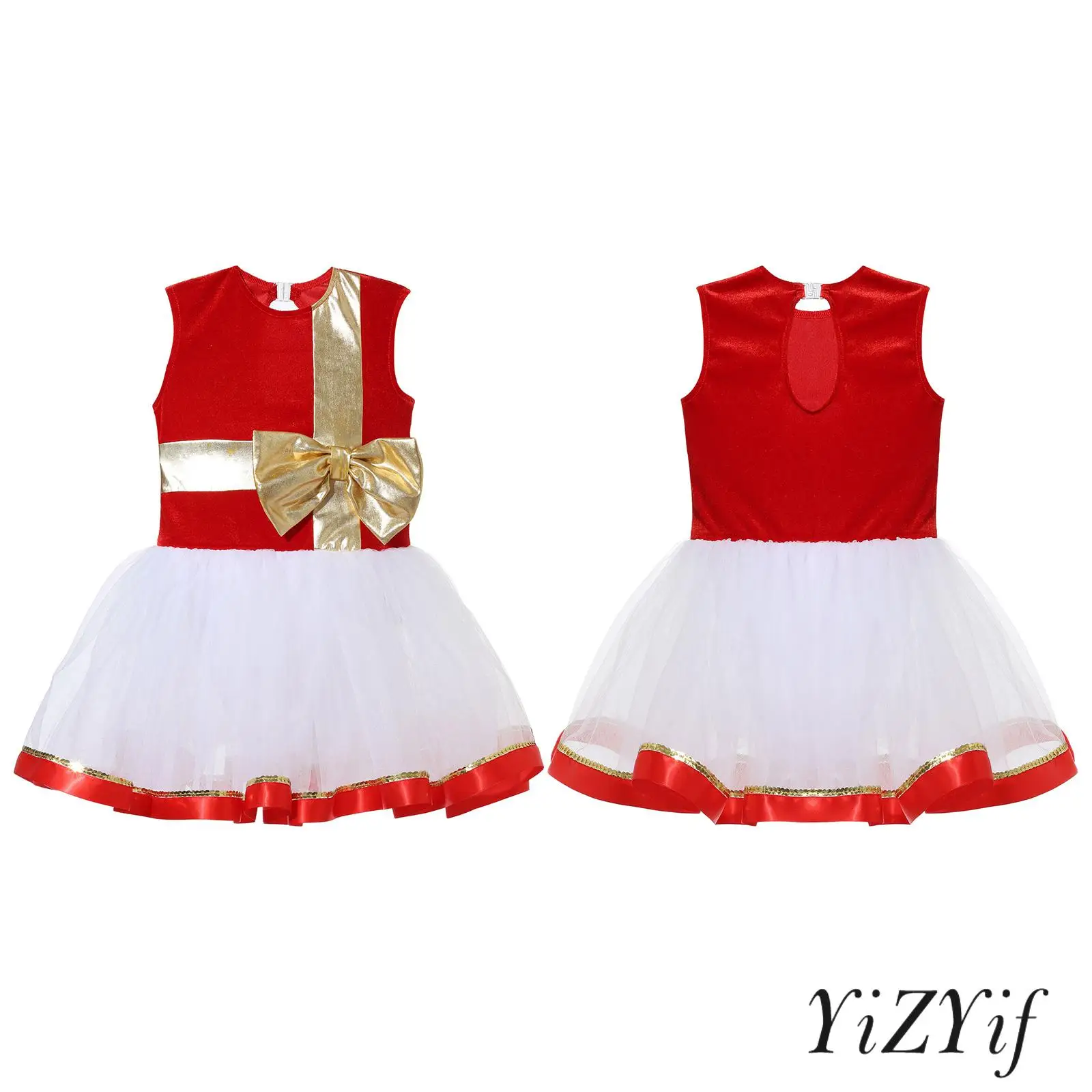 Traje de Navidad para niñas, sin mangas, lentejuelas brillantes, vestido de baile de Ballet, hombro asimétrico, lazo grande, Ropa de baile para patinaje