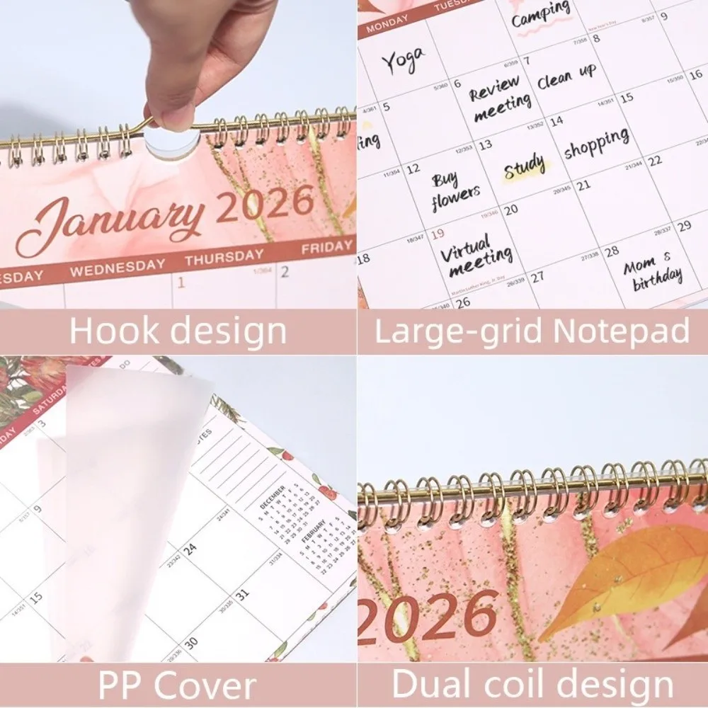 

New 2026 Jan.- Dec. Wall Calendar Spiral Binding 12-Month Monthly Calendar Wall Mount Flower Pattern Wall Planner Office Use