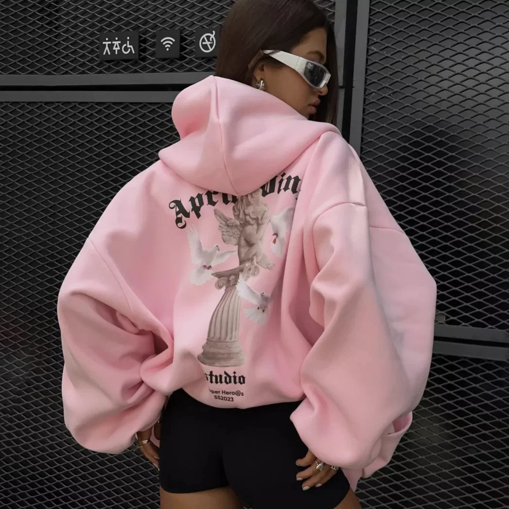 

Loose personality trend hottie casual style top angel print hooded zipper sweater women's spring and autumn