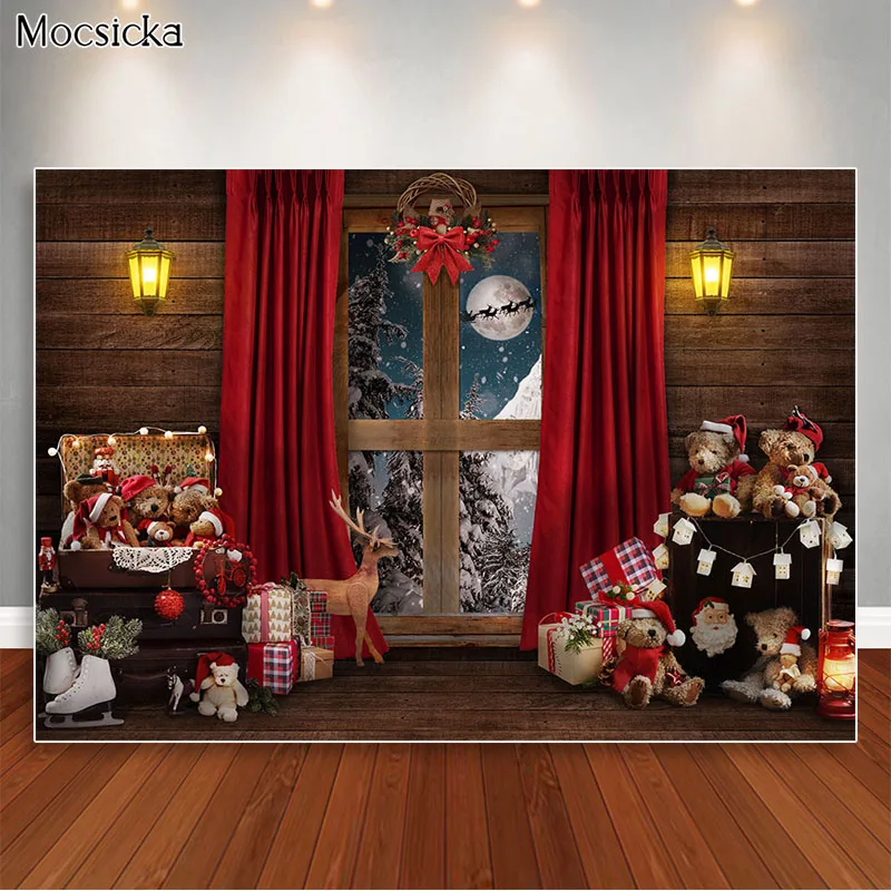 

Christmas Window Backdrop Bear Xmas Gift Photography Props Children Family Photoshoot Photographic Studio Photo Backgrounds