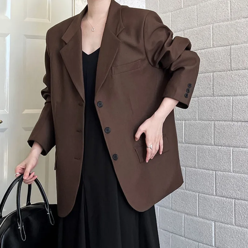 EAEOVNI Vintage-Stil Damen-Blazer-Mantel, einfarbig, 2025, Herbst, neuer Mantel, gekerbter Kragen, Knopfjacke, Bürodame-Kleidung