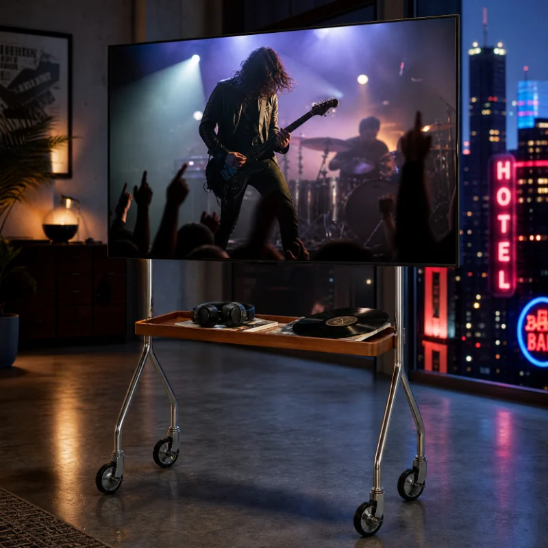 Nordic Adjustable Mobile TV Cart for 32-70 Inch Flat Screens with Solid Wood Shelf Swivel Wheels and Brake System Easy Setup