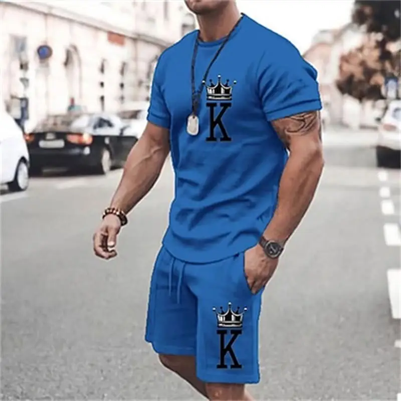 2024 men\'s casual fashion printed T-shirt+beach shorts set men\'s O-neck T-shirt 2-piece set