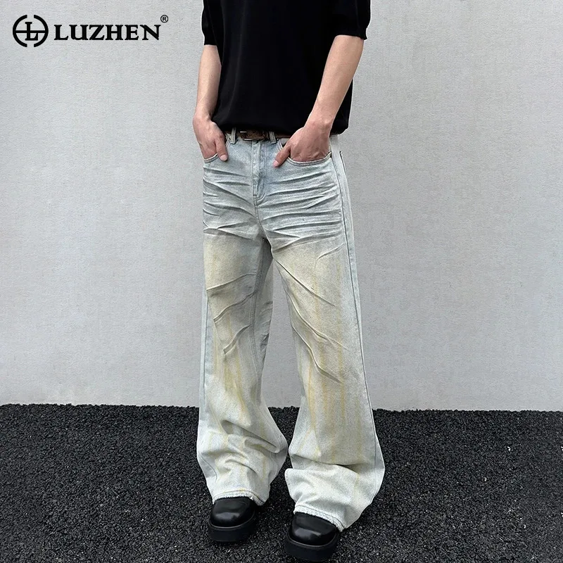 

LUZHEN Fashion Vintage Style Gradient Washed Pleated Stripe Wide Leg Denim Pants Men's 2025 New Handsome Straight Jeans JY3129