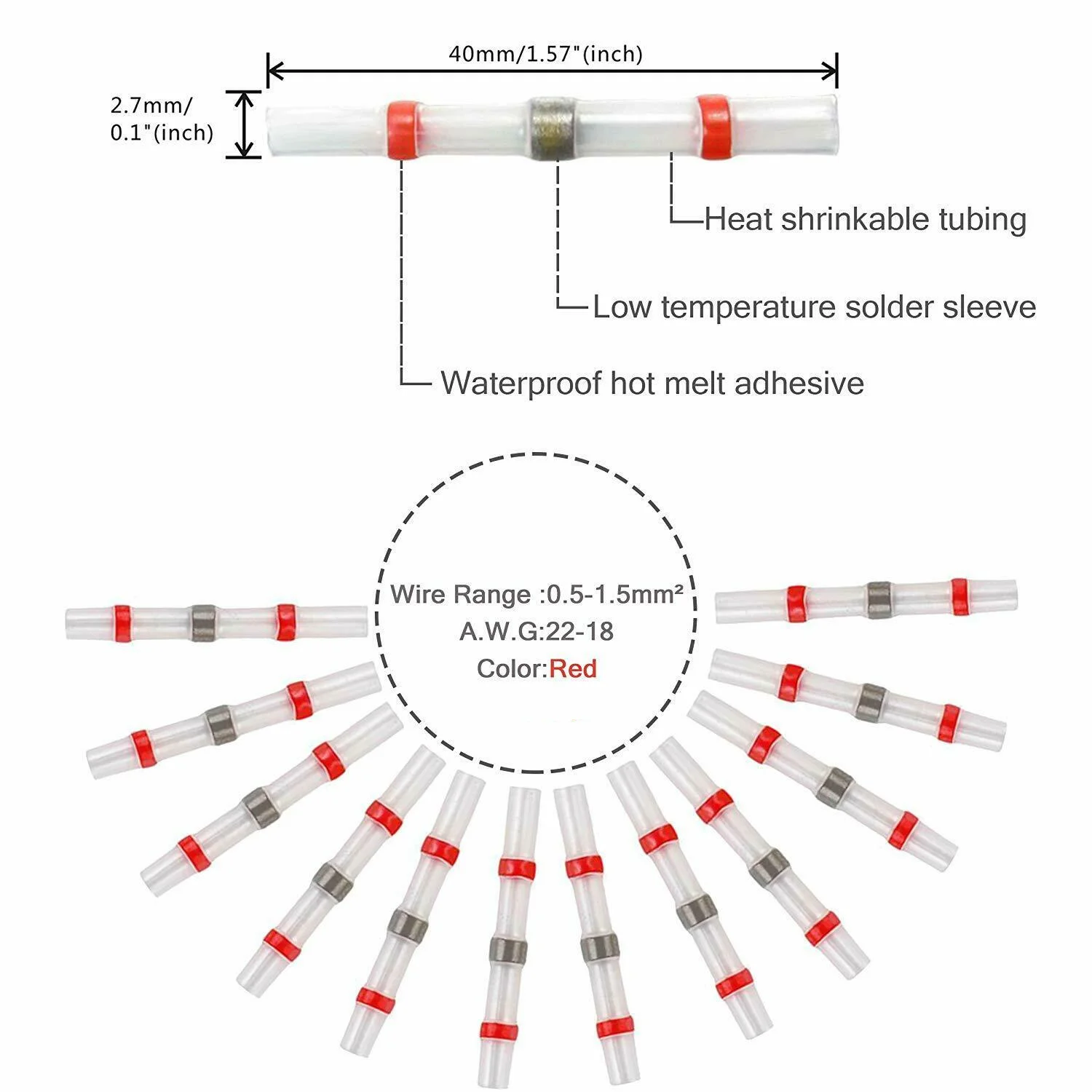 100/500/1000 قطعة مقاوم للماء لحام ختم كم لصق محطات النحاس الحرارة يتقلص سلك كهربائي بعقب موصلات AWG22-18 الأحمر #2