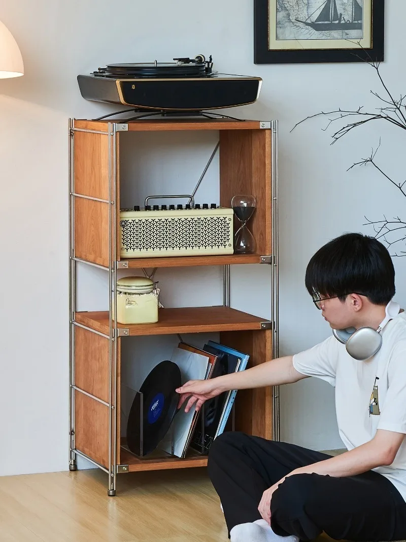 Record player storage rack Iron triangle vinyl record player cabinet Sofa side cabinet Solid wood display cabinet