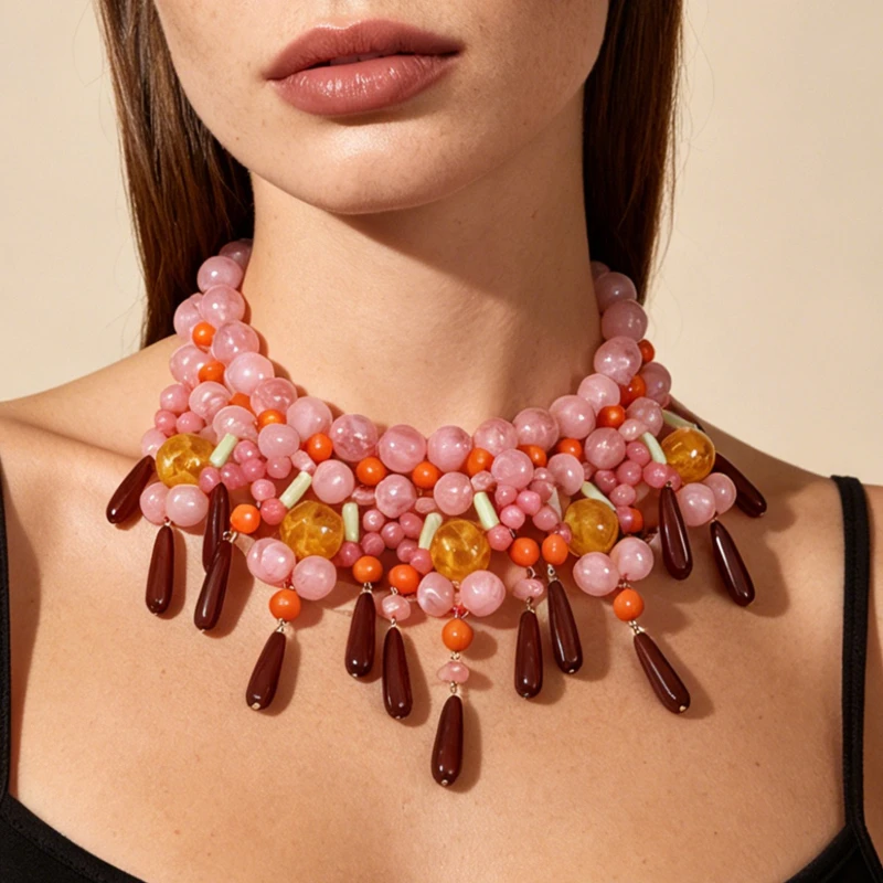 ZAA Fashion Creative Design Dopamine Beaded Flowing Tassel Pendant Necklace Women Bohemian Statement Jewelry Neck Accessories