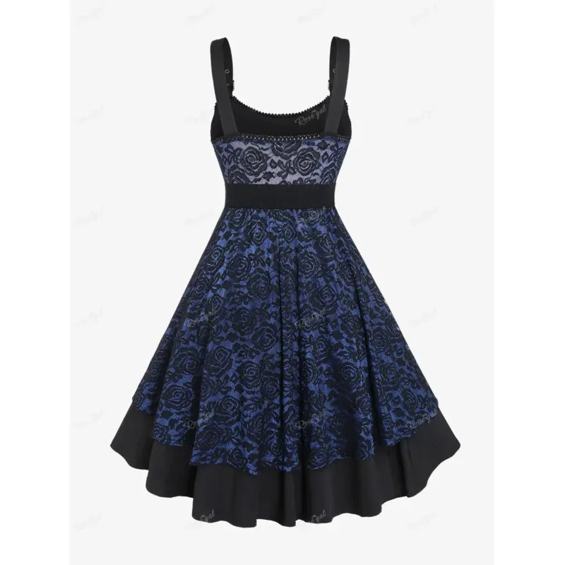 

2025 11 ROSEGAL Plus Size Vintage Floral Lace Jacquard Buckled Straps Dress With Belt Deep Blue Fashion Party Holiday Dresses Ve