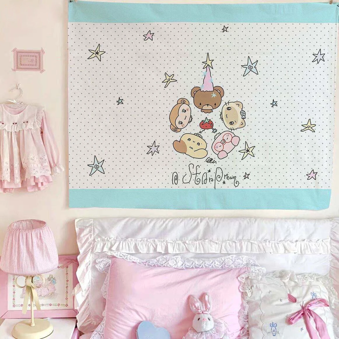 Korean Ins Strawberry Polka Dot Pink Heart Tapestry Girlish Decorative Background Cloth for Student Dormitory Bedrooms