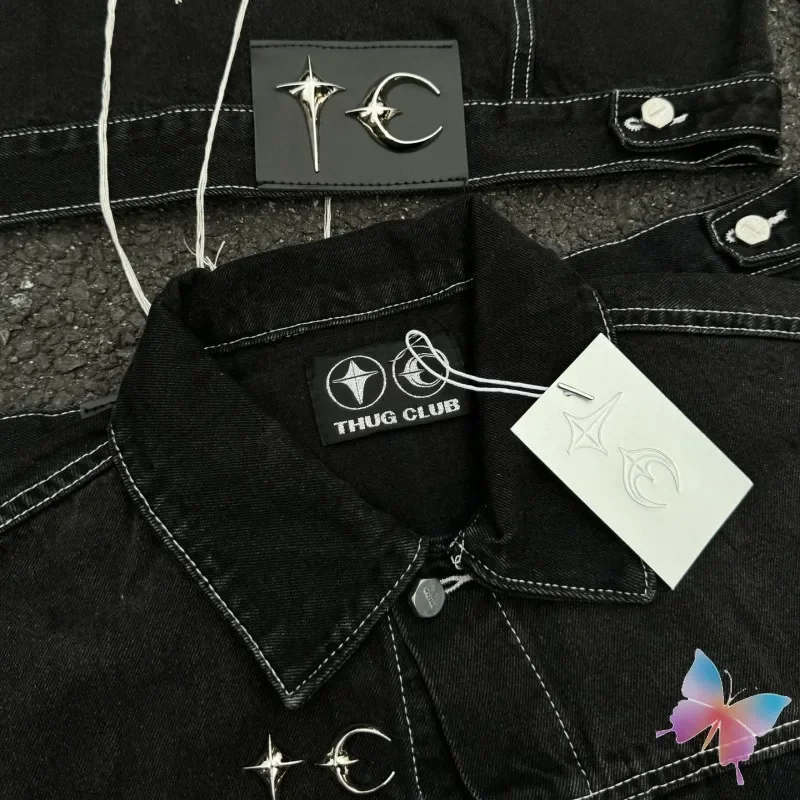 24FW Hiphop Street Denim Set Thug Club Jacket Metal Stars Moons Logo Embroidered Tassel Pocket Coats Street Jeans Men Women