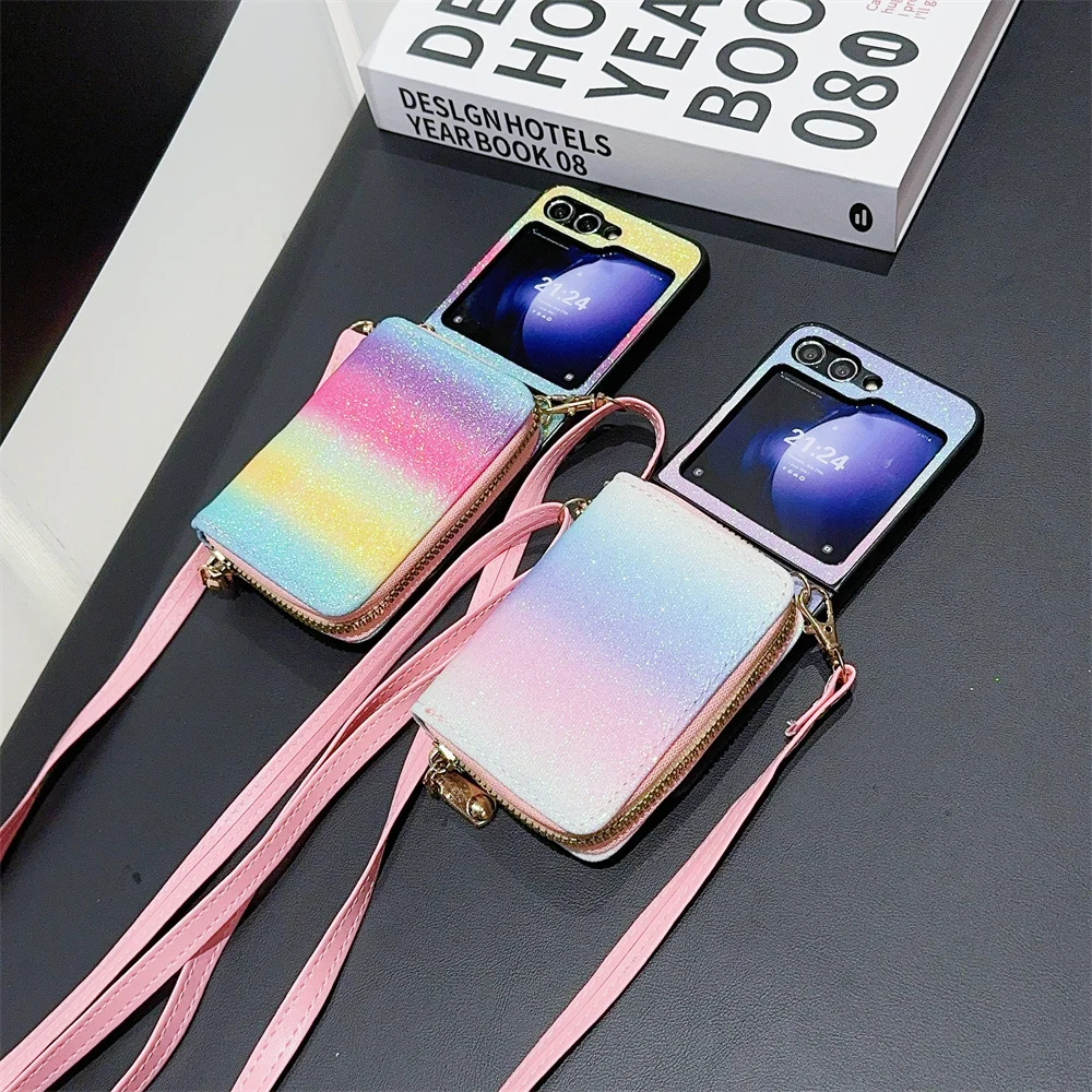 Crossbody Zipper Wallet with Card Holder Phone Case for Samsung Galaxy Z Flip 6 5 4 3 Flip5 Flip4 Flip3 Colorful Glitter Cover