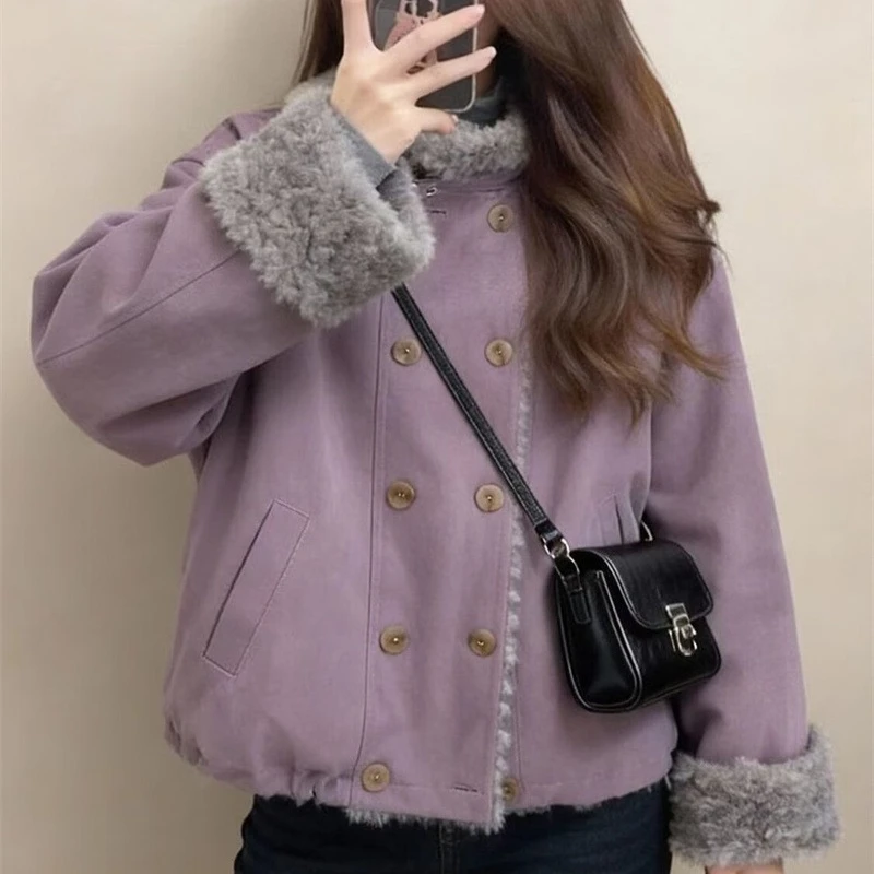 New 2026 Winter Jacket Women's Cotton Coat Korean Style Purple Furry Soft Sticky Cold Protection Keep Warm  Jacket Top Overcoat
