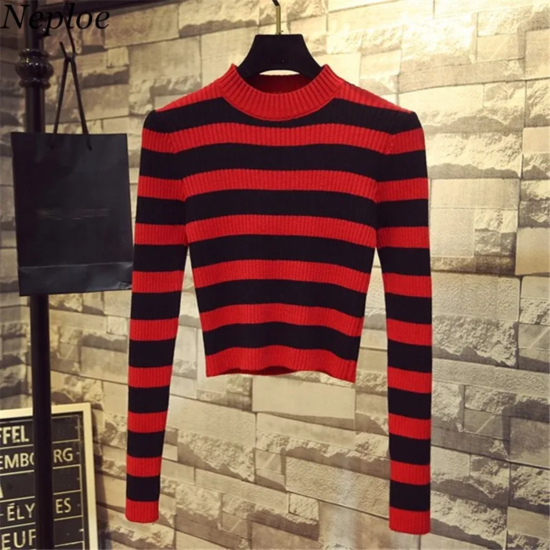 Neploe Autumn New Korean Women Sweater Half Turtleneck Slim Sueter Mujer Long Sleeve Striped Knitted Short Pullovers 68509