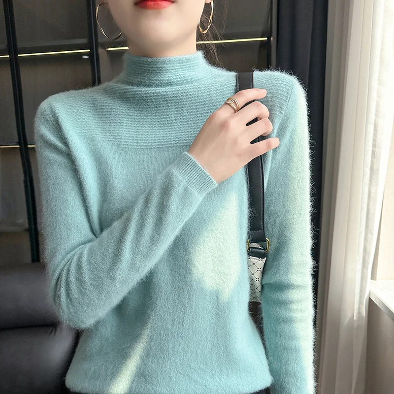 Autumn and Winter New Half Turtleneck Sweater 100% Cashmere Sweater Women's Pullover Loose Inside With Slim Short