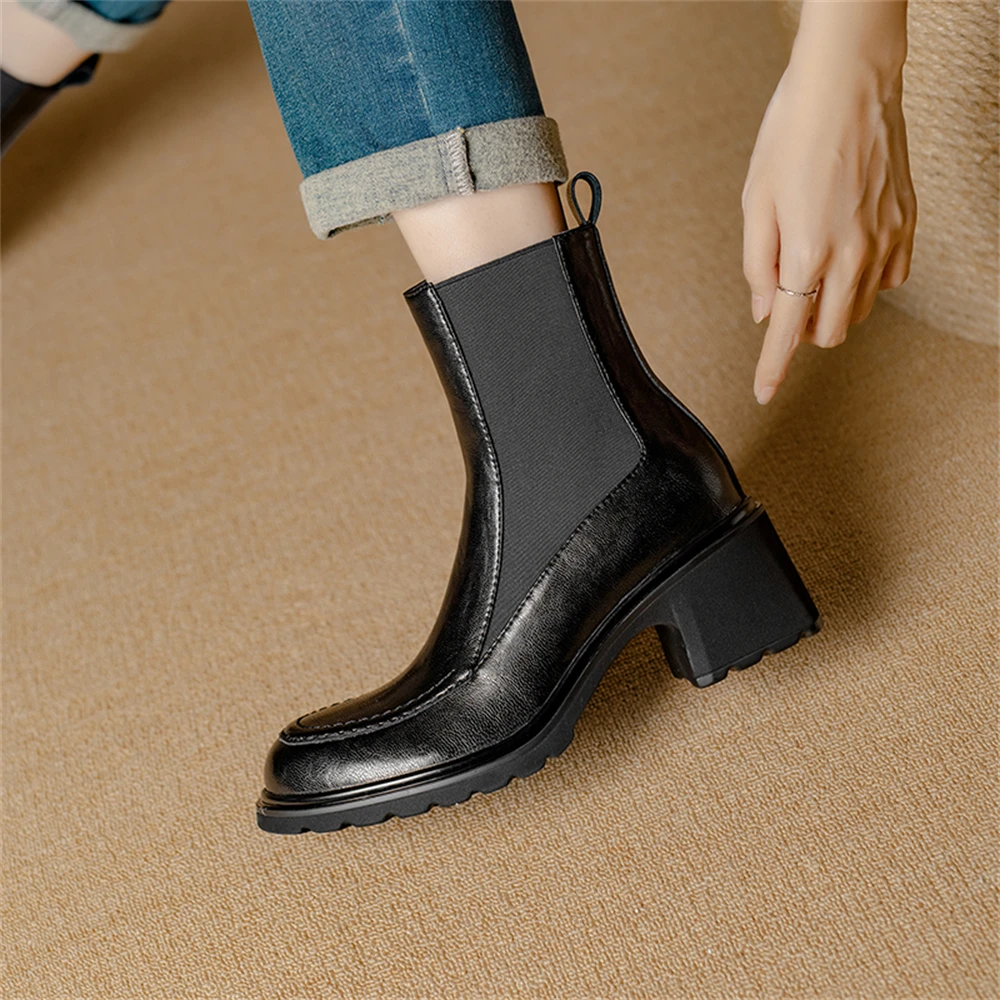 FEDONAS Women Chelsea Cow Leather Ankle Boots High Heels Fashion Slip On Thick Sole Block Heel Ladies Shoes Winter Ankle Boots