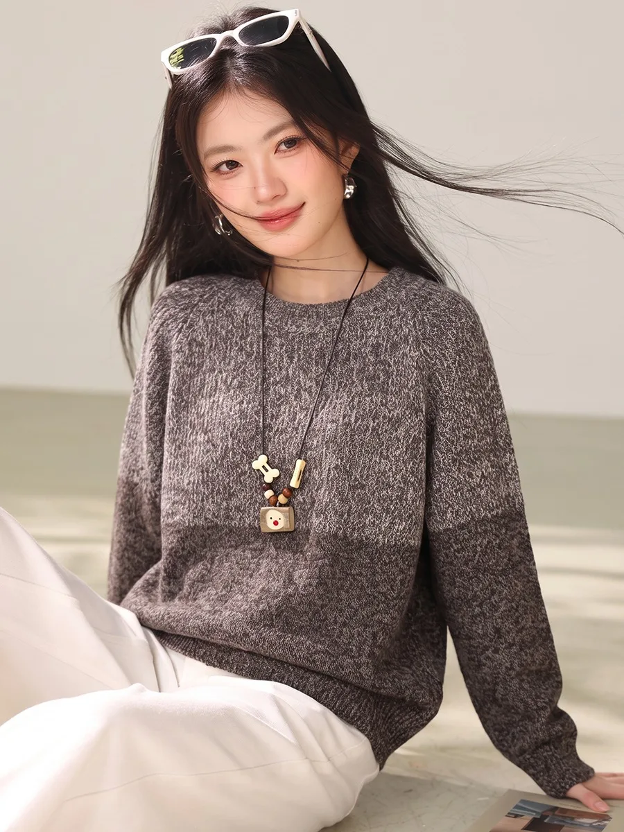 Retro Mixed Color Knitted Sweater Women's round Neck Gradient Mixed Loose Shoulder Long Sleeve Casual Style Comfortable Fit