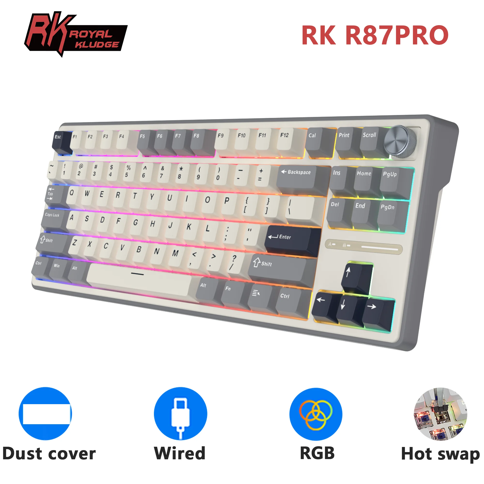 

RK Royal Kludge RK R87Pro Gasket Wired Gamer Keyboard Hot-swappable 88 Keys Mechanical Keyboard 88% RGB Backlit With PBT Keycaps