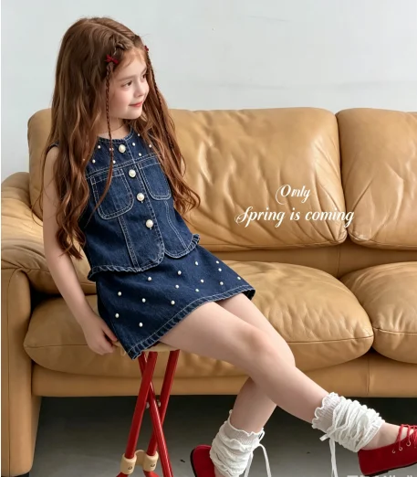 Girls Pearl Beaded Sleeveless Soft Denim Vest Set Summer New Elastic Waist A Line Skirt Two Piece Set Trendy