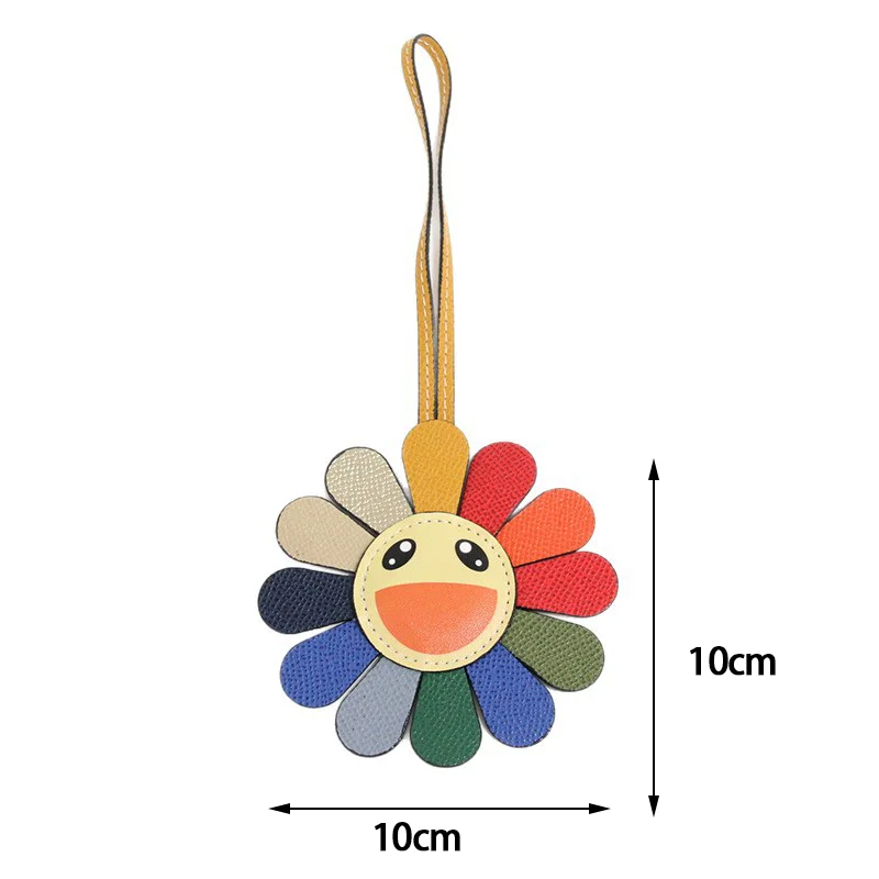 Colgante de girasol con cara sonriente de arcoíris de dibujos animados, llavero de cuero de pu con bonito flor colorida, colgante para bolso y coche