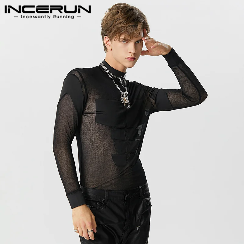 Sexy Style Mens Jumpsuits INCERUN Fashion Mesh Patchwork Patch Jumpsuits Casual Hot Selling Male Thin Long Sleeved Rompers S-5XL