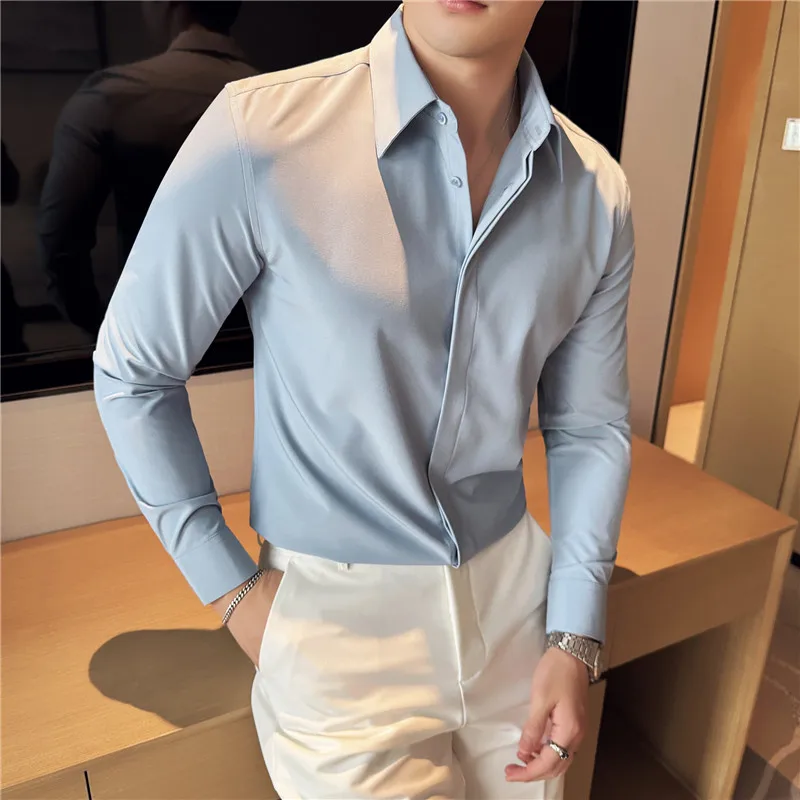 Men Long Sleeved Shirt 2024 Autumn New British Style Solid Color Casual Elastic Slim Fit Formal Shirt High-quality Men Clothing