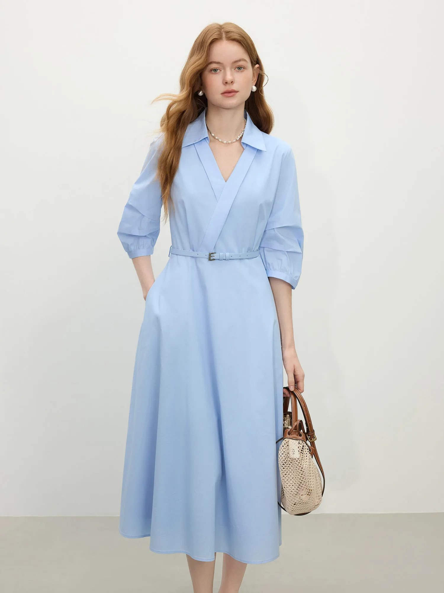 FSLE Autumn Women Wedding Guest Dress Spring Long Sleeves Dress Three-quarter Sleeve Cotton Elegant 2025 Slim Waist  Dress