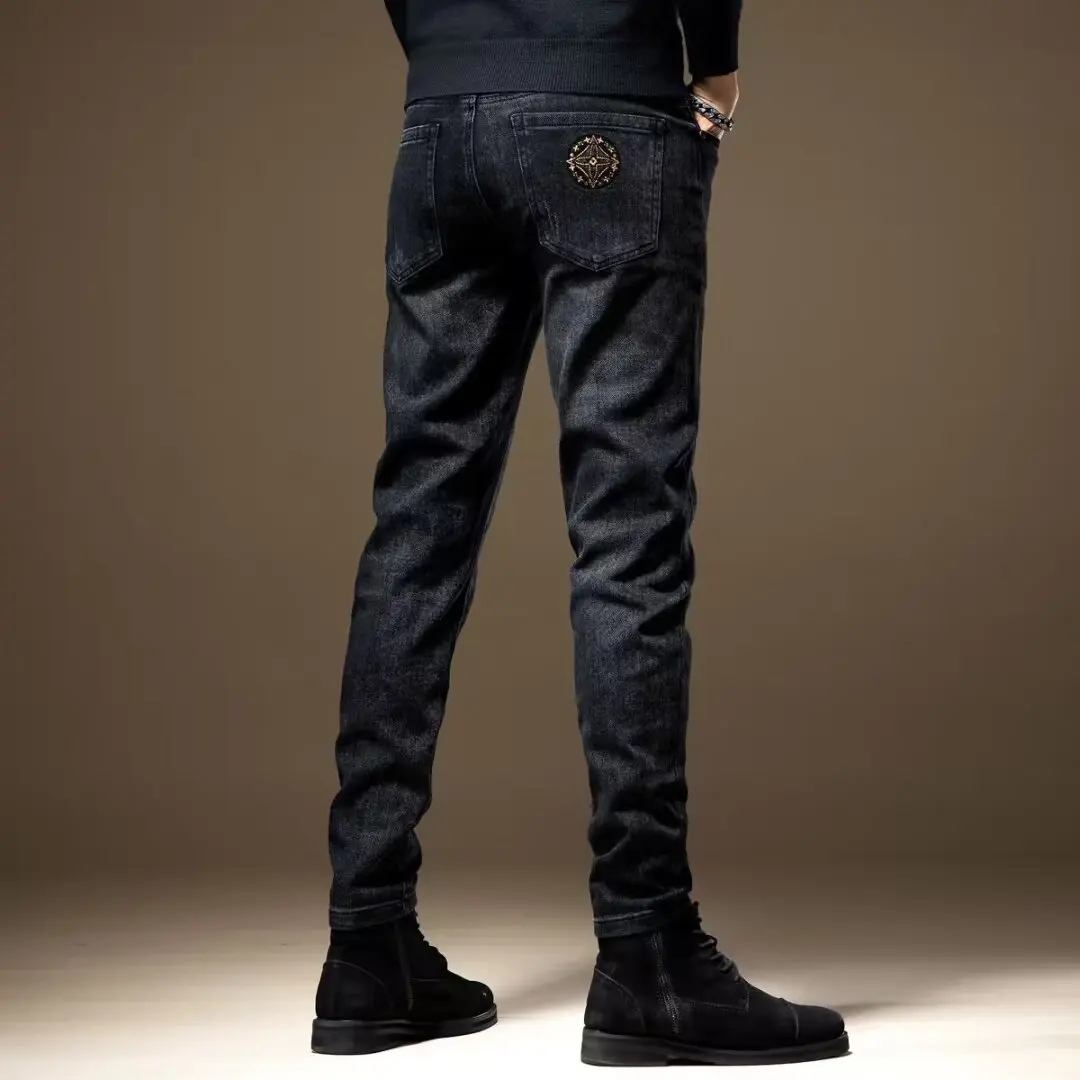 Simple Men Slim Casual Straight Fashion Classic Pants Cargo Denim Jeans Solid Streetwear Trousers Men's Stretchy Denim Jeans