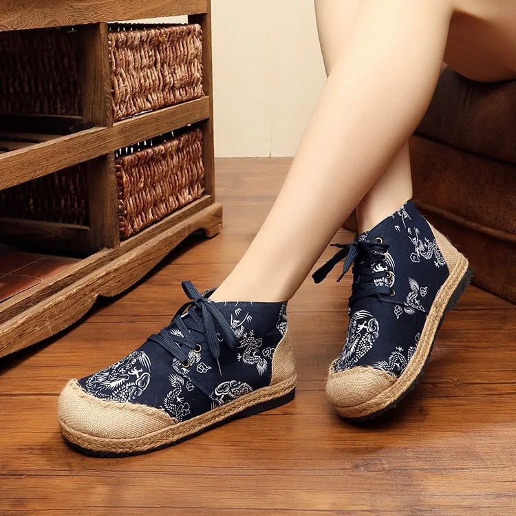 Round Toe Shoes Woman Flats Casual Female Sneakers Dress New Lace-Up Embroider Leisure Fabric Ethnic Basic Solid Floral Fretwork