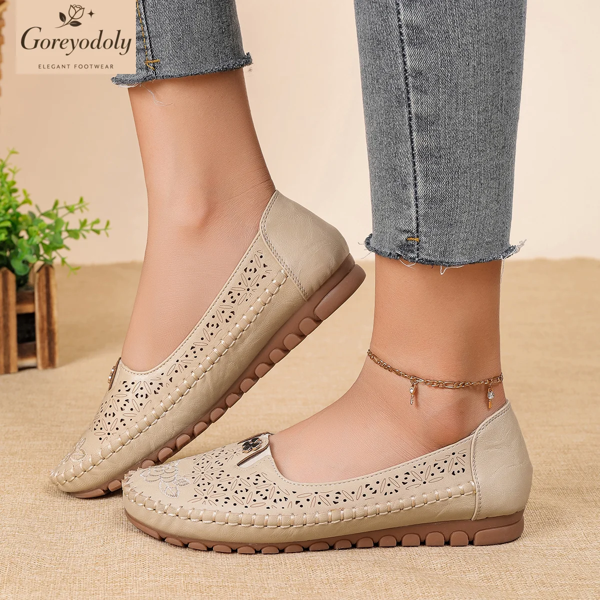 Goreyodoly women loafers floral embroidery hollow design slip on flats breathable lightweight casual walking shoes soft non slip